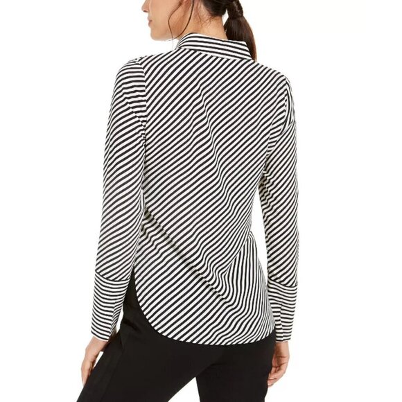 Anne Klein L Black and White Asymmetrical Striped Button Down Formal Shirt NWT - Picture 3 of 6